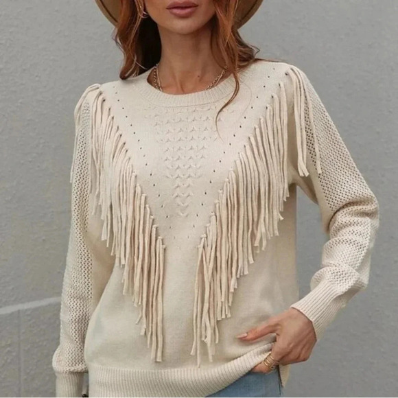Apricot Beige Fringe Trim Knit Pullover Sweater - Picture 2 of 4